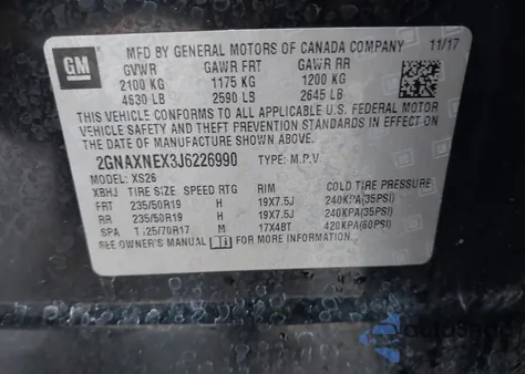 2018 Chevrolet Equinox Premier z USA, uszkodzony, nr VIN 2GNAXNEX3J6226990